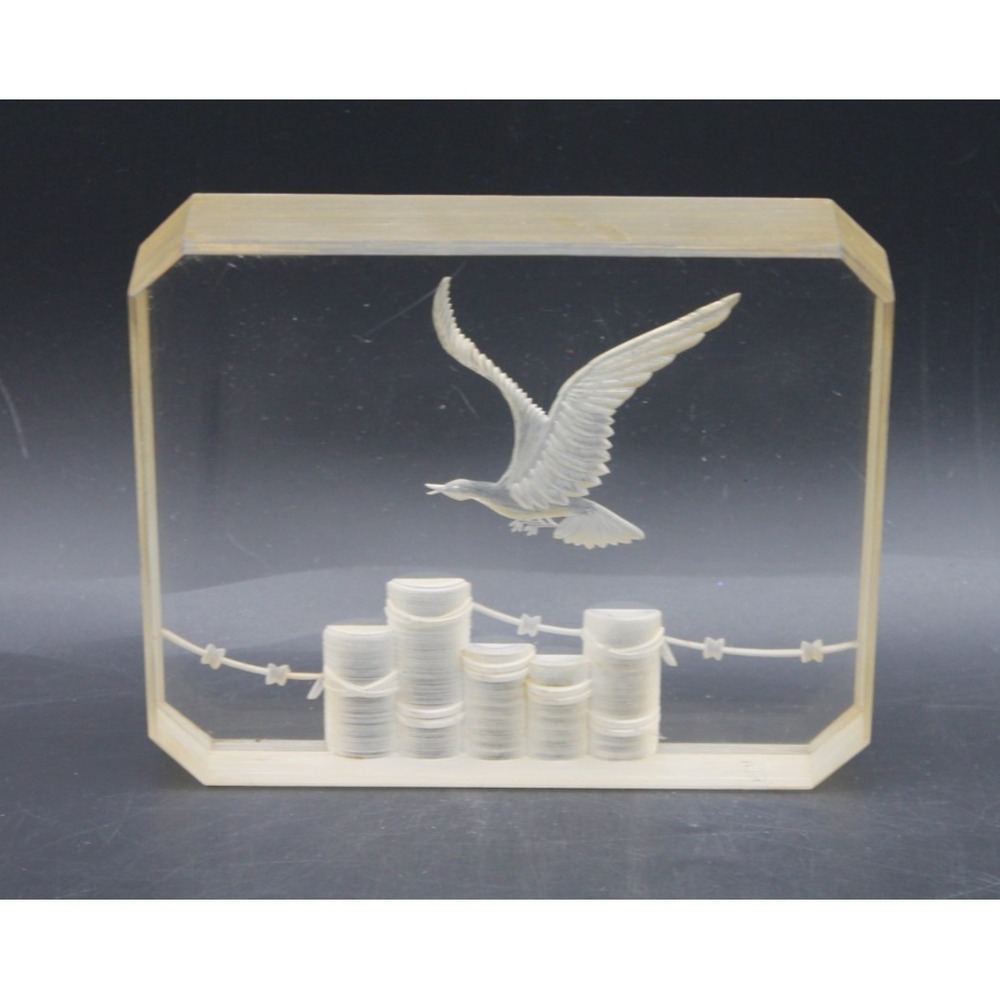 Robert Fox Lucite Art Sculpture Flying Bird Barbed Wire Acrylic Paperweight